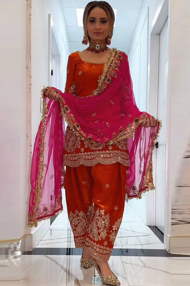 Orange Sequin with Embroidered Silk Straight Cut Suit (FM-498-ORANGE)