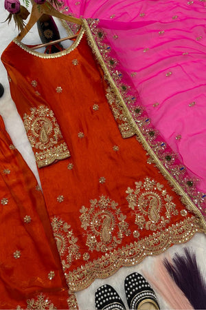 Orange Sequin with Embroidered Silk Straight Cut Suit (FM-498-ORANGE)