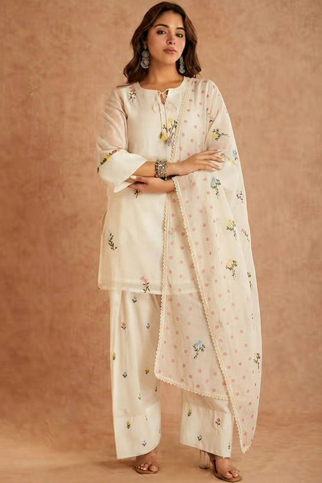 Cream Floral Embroidered Cotton Kurti Palazzo Set (FM-513)