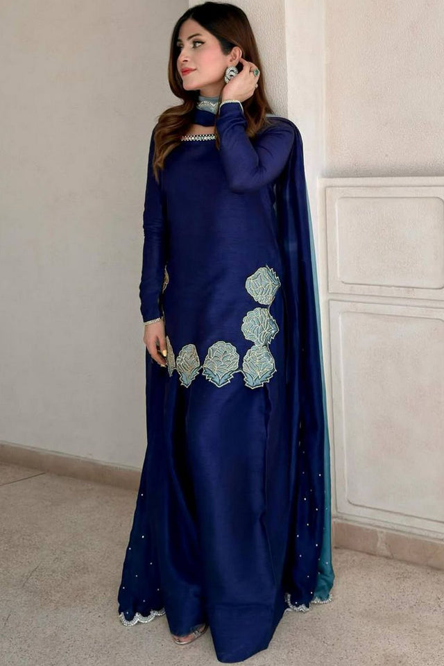 Blue Floral Embroidered Crepe Palazzo Suit (FM-516)