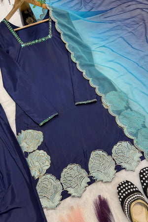 Blue Floral Embroidered Crepe Palazzo Suit (FM-516)