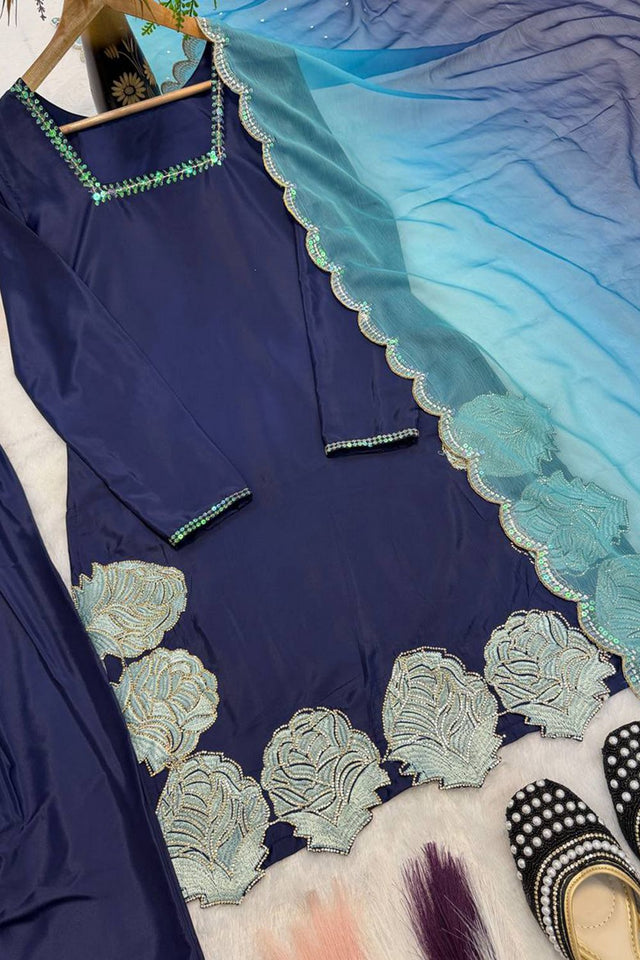 Blue Floral Embroidered Crepe Palazzo Suit (FM-516)