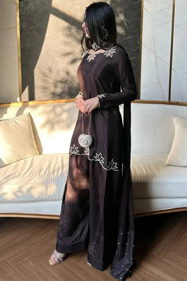 Brown Floral Embroidered Crepe Palazzo Suit (FN-1270-BROWN)