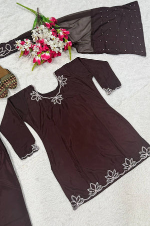Brown Floral Embroidered Crepe Palazzo Suit (FN-1270-BROWN)