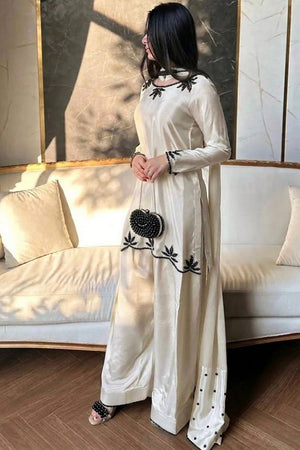 Cream Floral Embroidered Crepe Palazzo Suit (FN-1270-CREAM)