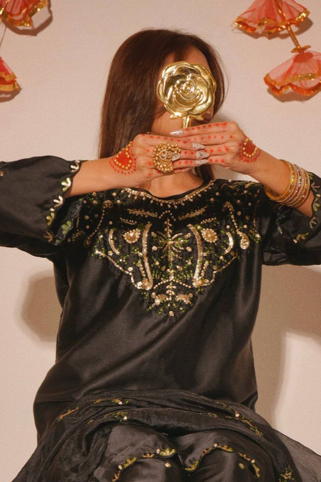 Black Embroidered Satin Straight Cut Suit (FN-1279)