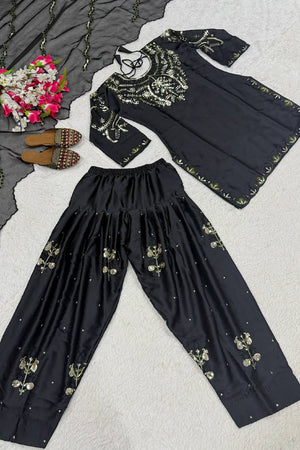 Black Embroidered Satin Straight Cut Suit (FN-1279)