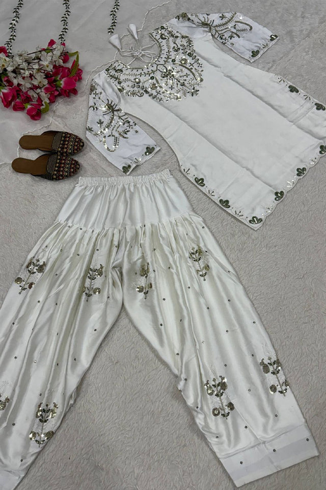 White Embroidered Satin Straight Cut Suit (FN-1279-WHITE)