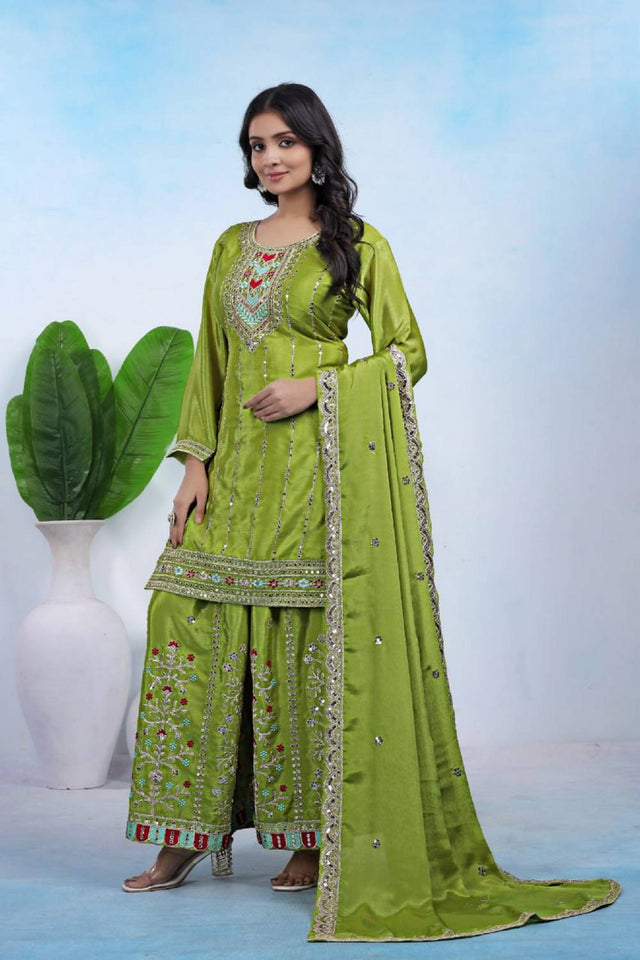 Dark Green Sequin with Embroidered Silk Sharara Suits
