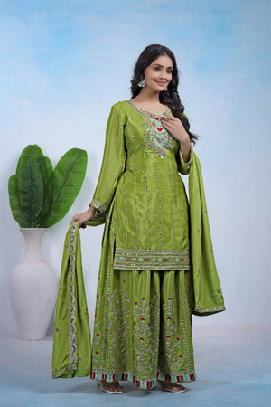 Dark Green Sequin with Embroidered Silk Sharara Suits
