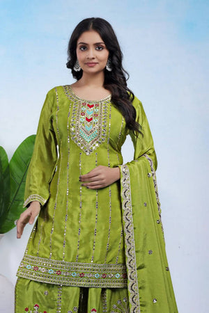Dark Green Sequin with Embroidered Silk Sharara Suits