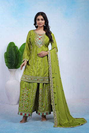 Dark Green Sequin with Embroidered Silk Sharara Suits