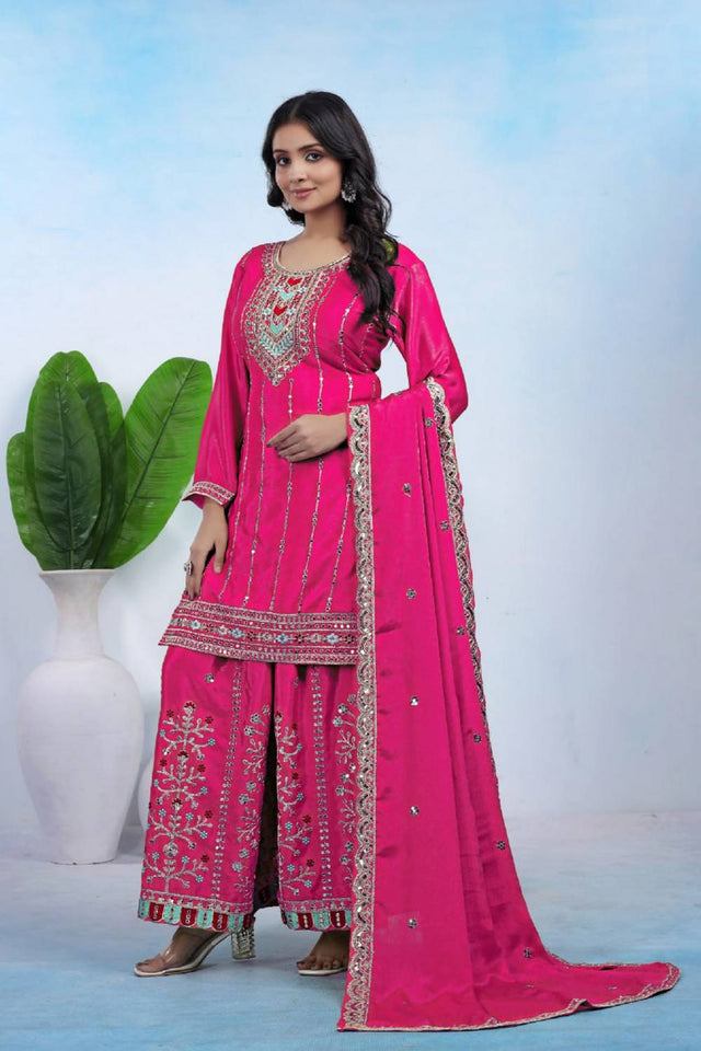 Pink Sequin with Embroidered Silk Sharara Suits