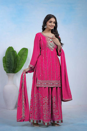 Pink Sequin with Embroidered Silk Sharara Suits