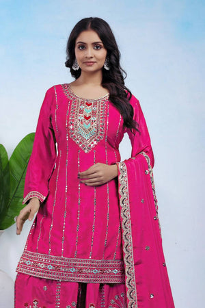 Pink Sequin with Embroidered Silk Sharara Suits
