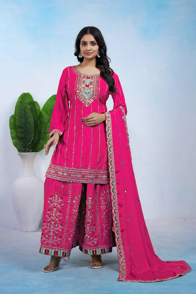Pink Sequin with Embroidered Silk Sharara Suits