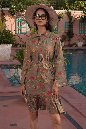 Brown Floral Printed Silk Dresses