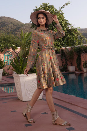 Brown Floral Printed Silk Dresses