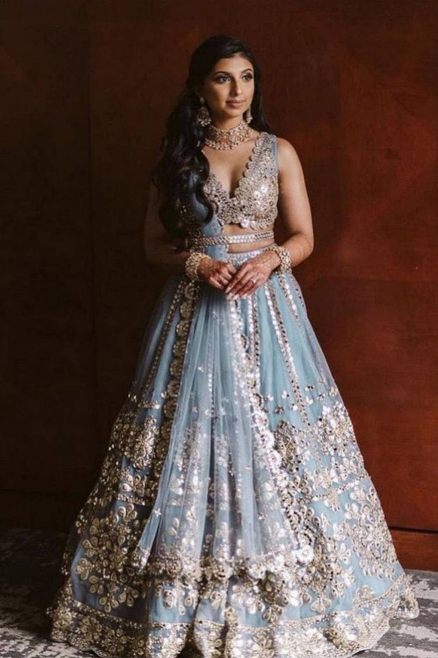 Grey Floral Embroidered Art Silk Lehenga