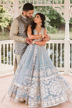 Grey Floral Embroidered Art Silk Lehenga