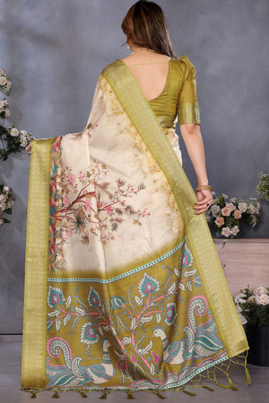 Green Printed Cotton Silk Saree (GAJANAND-OLIVE)