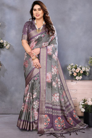 Wine Printed Cotton Silk Saree (GAJANAND-WINE)