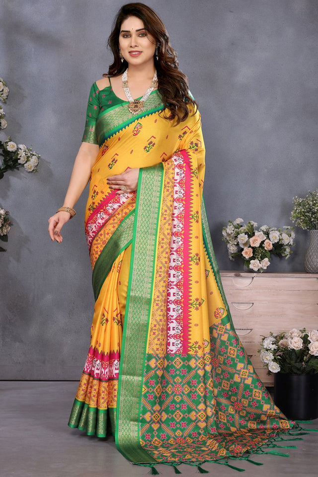Yellow Printed Cotton Silk Saree (GAJANAND-YELLOW)