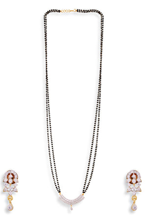 Long Gold Plated Black Beaded American Diamond Mangalsutra And Earrings Set