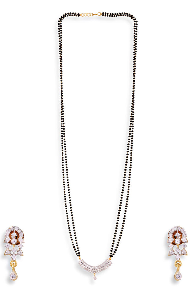Long Gold Plated Black Beaded American Diamond Mangalsutra And Earrings Set