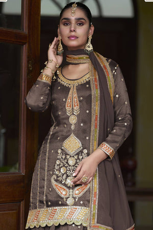 Brown Sequin with Gotta Patti Art Silk Pakistani Suit Set (GULKAYRA TAIYBA1-7629-e)