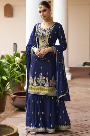 Navy Blue Sequin with Zari Art Silk Pakistani Suit Set (GULKAYRA VARNIKA-7624)