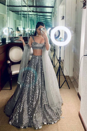 Grey Sequin Silk Lehenga