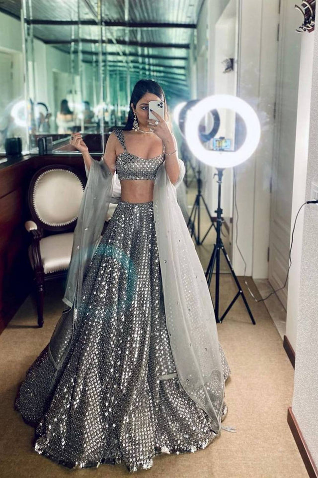 Grey Sequin Silk Lehenga