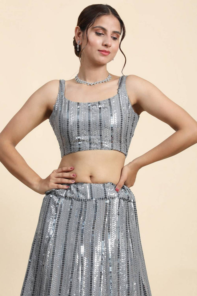 Grey Sequin Georgette Lehenga