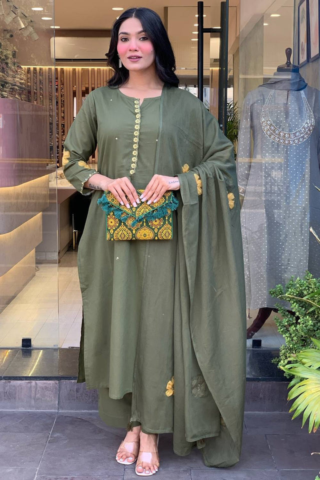 Mehendi Embroidered Chanderi Anarkali Suit Set