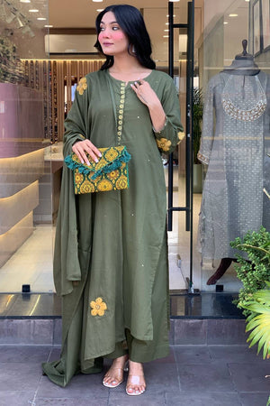 Mehendi Embroidered Chanderi Anarkali Suit Set