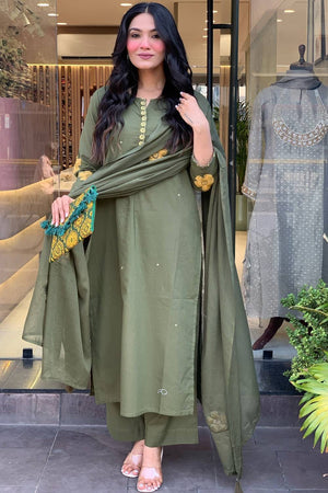 Mehendi Embroidered Chanderi Anarkali Suit Set