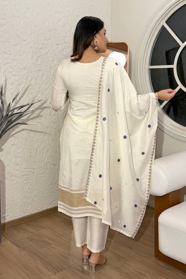 White Floral Embroidered Viscose Straight Cut Suit Set