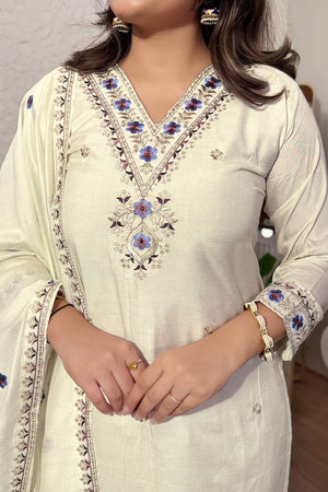 White Floral Embroidered Viscose Straight Cut Suit Set