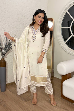 White Floral Embroidered Viscose Straight Cut Suit Set