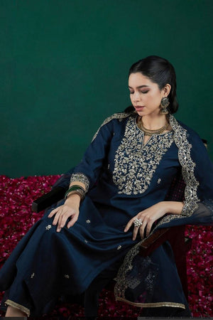 Blue Floral Embroidered Chanderi Straight Cut Suit Set