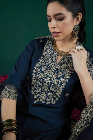 Blue Floral Embroidered Chanderi Straight Cut Suit Set