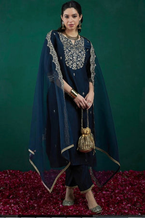 Blue Floral Embroidered Chanderi Straight Cut Suit Set