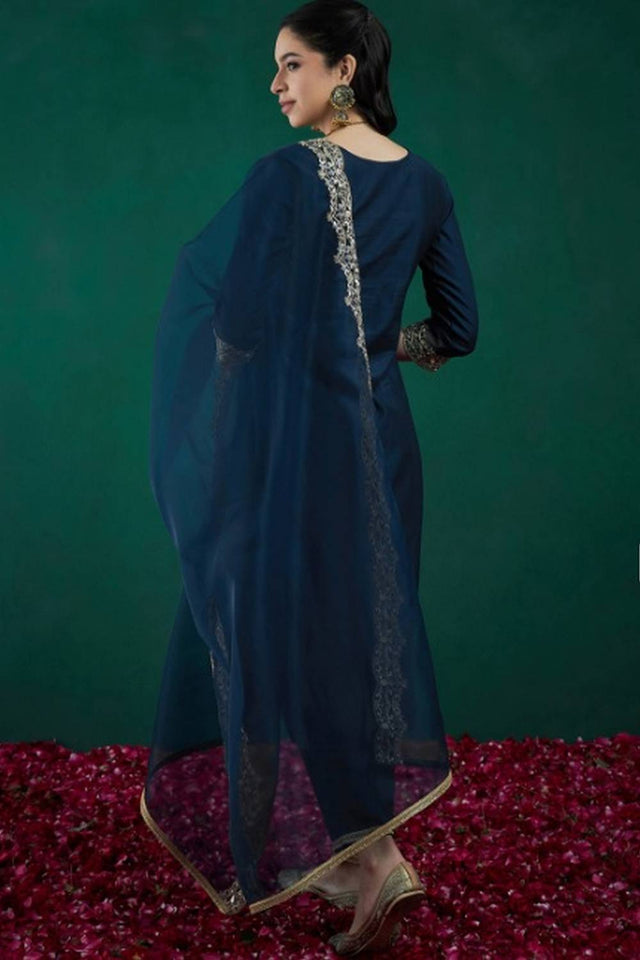 Blue Floral Embroidered Chanderi Straight Cut Suit Set