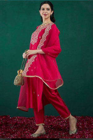 Pink Floral Embroidered Chanderi Straight Cut Suit Set
