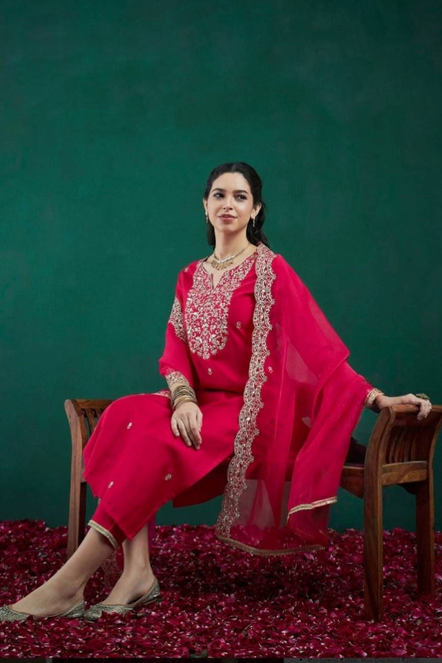 Pink Floral Embroidered Chanderi Straight Cut Suit Set