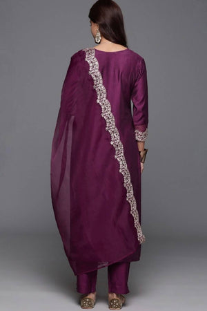 Wine Floral Embroidered Chanderi Straight Cut Suit Set