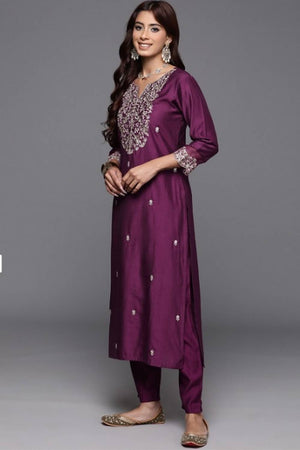 Wine Floral Embroidered Chanderi Straight Cut Suit Set