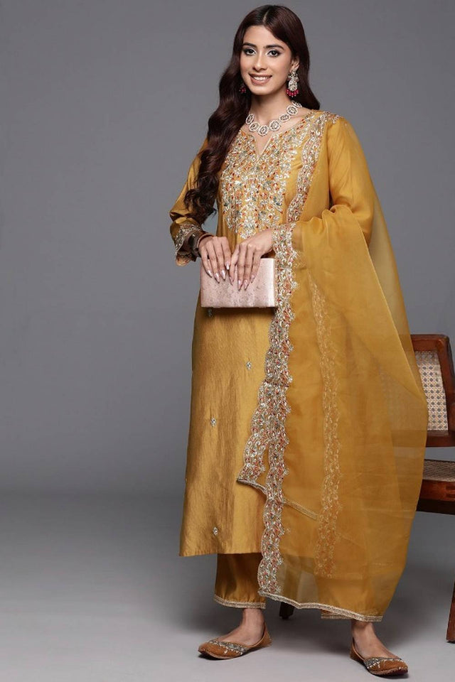 Yellow Floral Embroidered Chanderi Straight Cut Suit Set