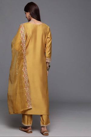 Yellow Floral Embroidered Chanderi Straight Cut Suit Set